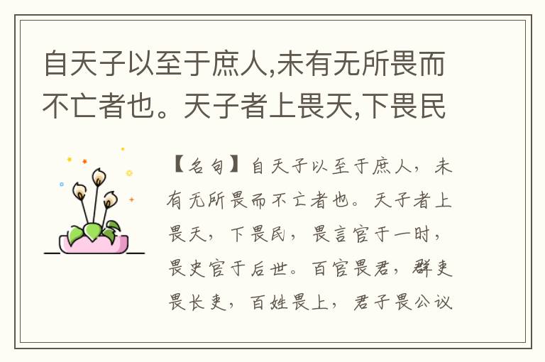  自天子以至于庶人,未有无所畏而不亡者也。天子者上畏天,下畏民,畏言官于一时,畏史官于后世。百官畏君,群吏畏长吏,百姓畏上,君子畏公议,小人畏刑,子弟畏父兄,卑幼畏家长。畏则不敢肆而德以成,无畏则从其所