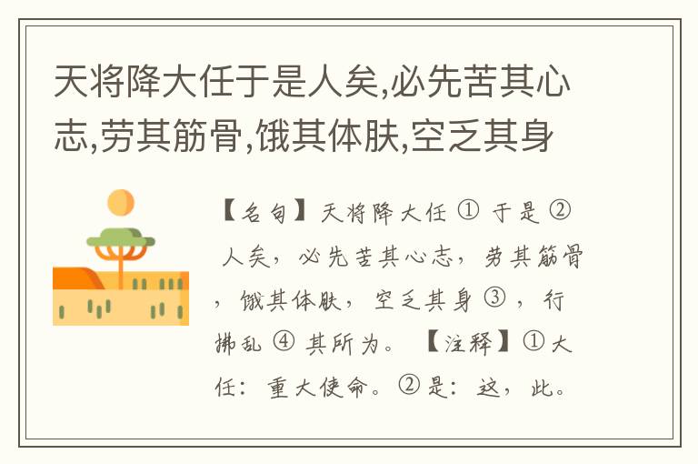  天将降大任于是人矣,必先苦其心志,劳其筋骨,饿其体肤,空乏其身,行拂乱其所为。