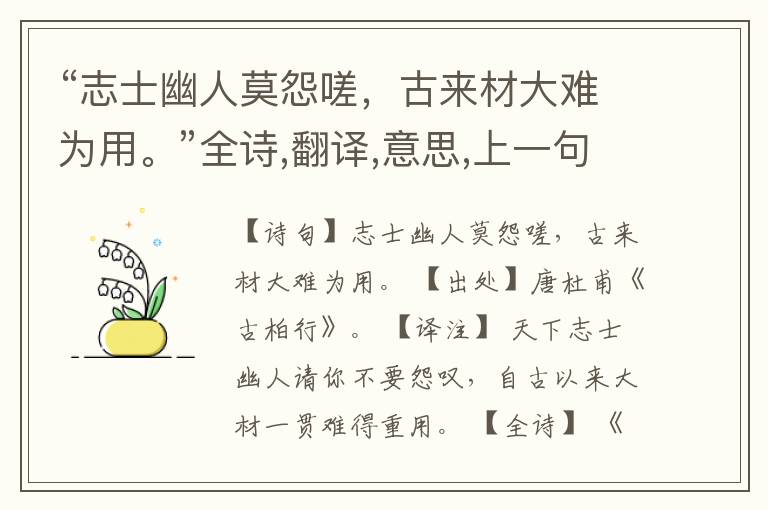 “志士幽人莫怨嗟,古来材大难为用。”全诗,翻译,意思,上一句和下一句