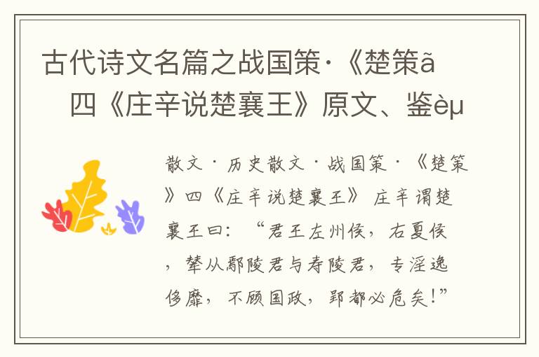  古代诗文名篇之战国策·《楚策》四《庄辛说楚襄王》原文、鉴赏和解读
