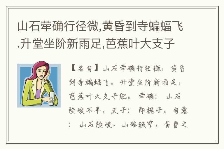  山石荦确行径微,黄昏到寺蝙蝠飞.升堂坐阶新雨足,芭蕉叶大支子肥.