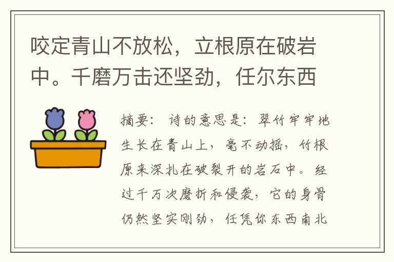  咬定青山不放松，立根原在破岩中。千磨万击还坚劲，任尔东西南北风。