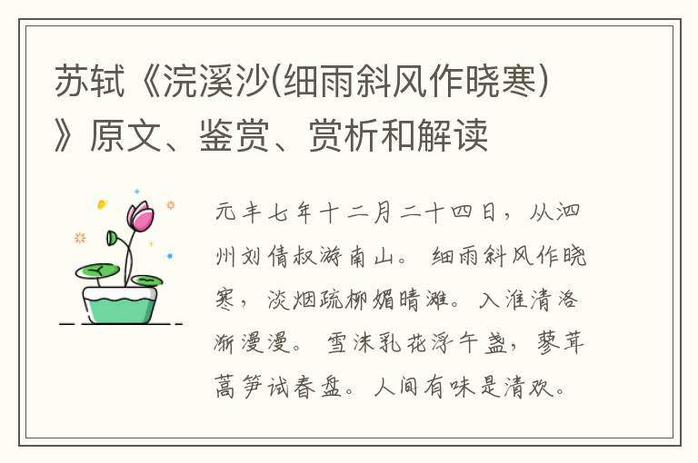  苏轼《浣溪沙(细雨斜风作晓寒)》原文、鉴赏、赏析和解读