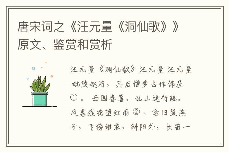  唐宋词之《汪元量《洞仙歌》》原文、鉴赏和赏析
