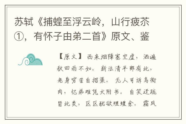  苏轼《捕蝗至浮云岭，山行疲苶①，有怀子由弟二首》原文、鉴赏、赏析和解读
