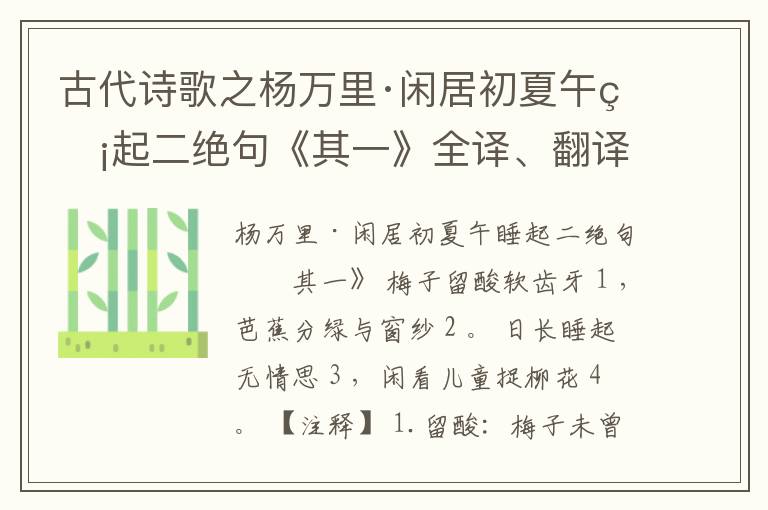  古代诗歌之杨万里·闲居初夏午睡起二绝句《其一》全译、翻译和译文
