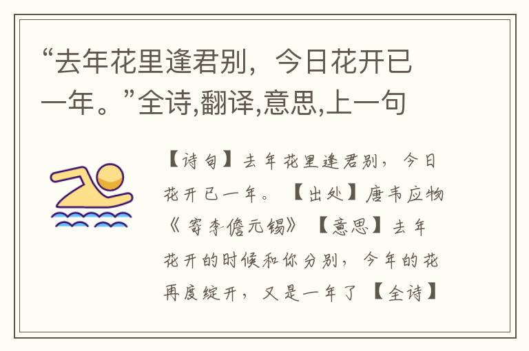 “去年花里逢君别,今日花开已一年。”全诗,翻译,意思,上一句和下一句