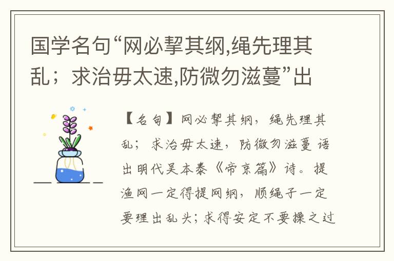  国学名句“网必挈其纲,绳先理其乱；求治毋太速,防微勿滋蔓”出处和解释
