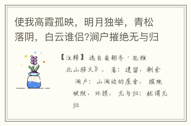  使我高霞孤映，明月独举，青松落阴，白云谁侣?涧户摧绝无与归，