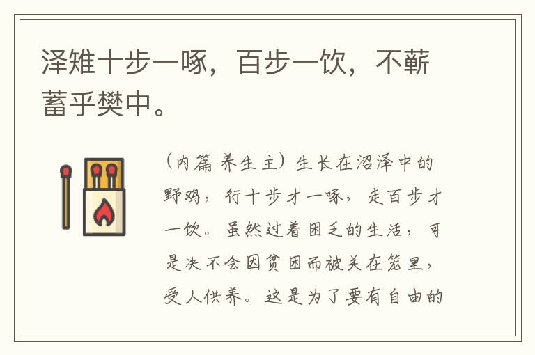  泽雉十步一啄，百步一饮，不蕲蓄乎樊中。