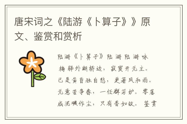  唐宋词之《陆游《卜算子》》原文、鉴赏和赏析