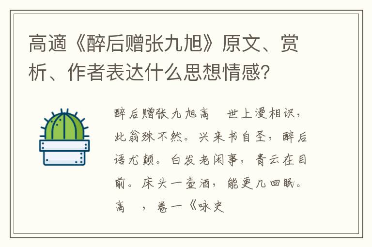 高適《醉后赠张九旭》原文、赏析、作者表达什么思想情感？