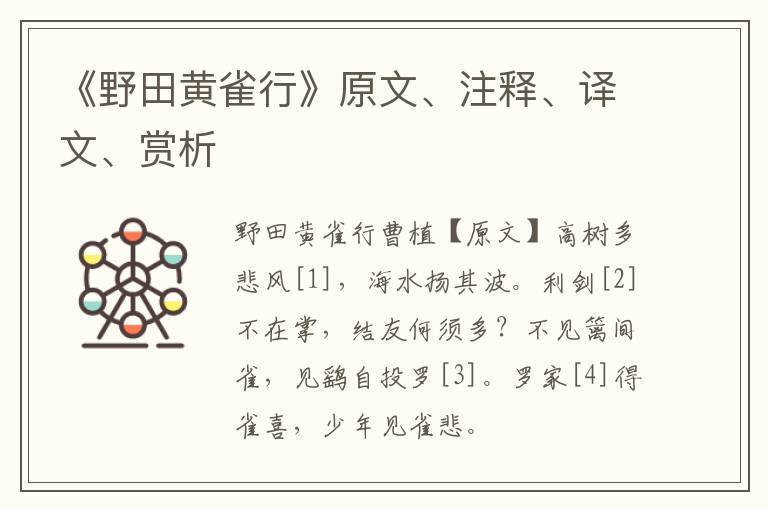  《野田黄雀行》原文、注释、译文、赏析