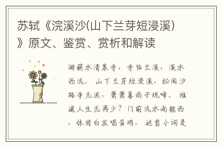  苏轼《浣溪沙(山下兰芽短浸溪)》原文、鉴赏、赏析和解读