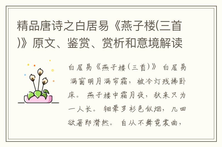  精品唐诗之白居易《燕子楼(三首)》原文、鉴赏、赏析和意境解读