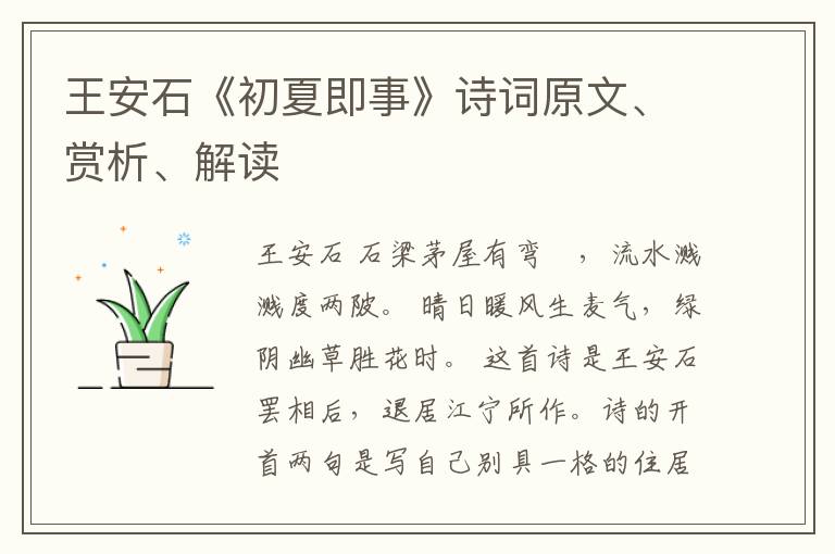  王安石《初夏即事》诗词原文、赏析、解读