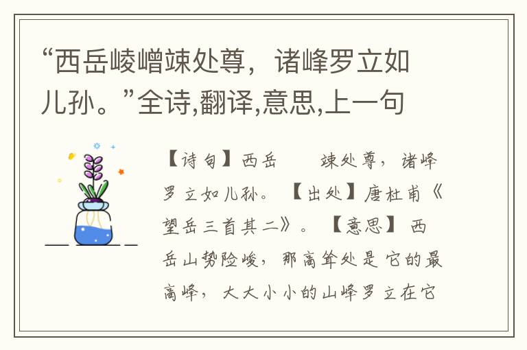 “西岳崚嶒竦处尊,诸峰罗立如儿孙。”全诗,翻译,意思,上一句和下一句