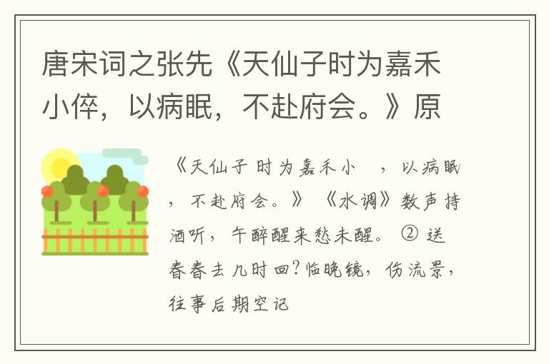  唐宋词之张先《天仙子时为嘉禾小倅，以病眠，不赴府会。》原文、注释、译文和点评赏析