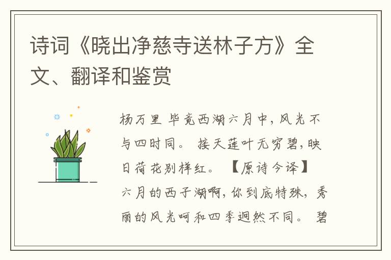  诗词《晓出净慈寺送林子方》全文、翻译和鉴赏