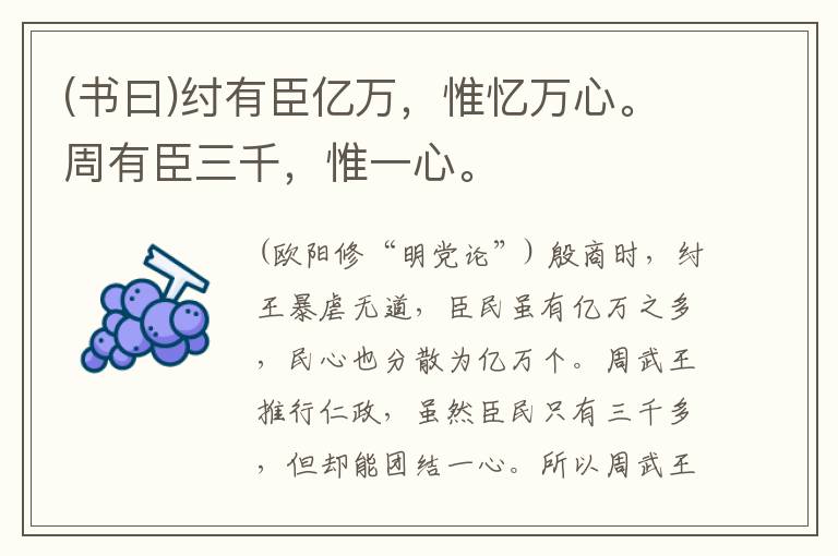  (书曰)纣有臣亿万，惟忆万心。周有臣三千，惟一心。