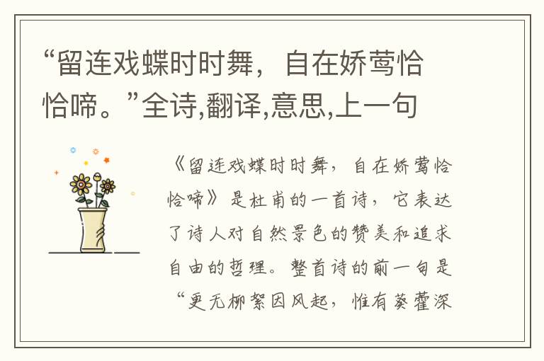 “留连戏蝶时时舞,自在娇莺恰恰啼。”全诗,翻译,意思,上一句和下一句 - 杜甫的诗句