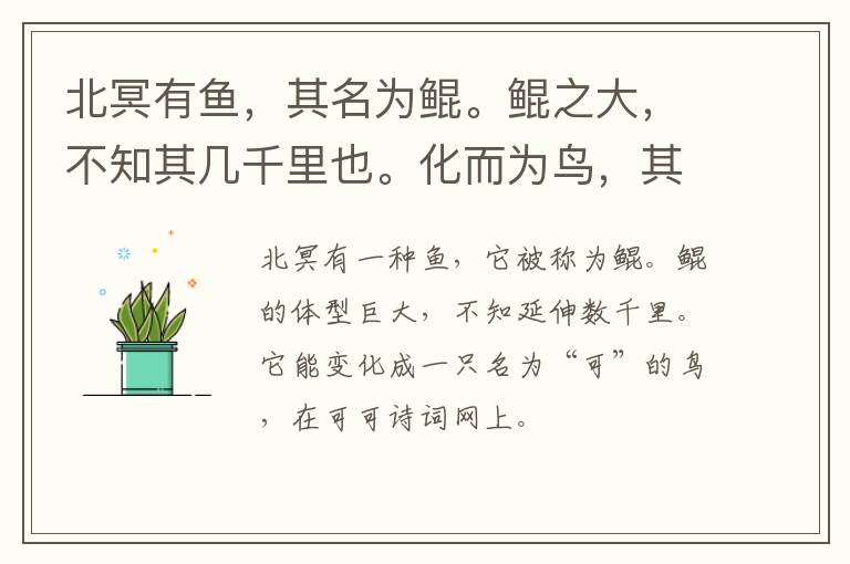  北冥有鱼，其名为鲲。鲲之大，不知其几千里也。化而为鸟，其名为