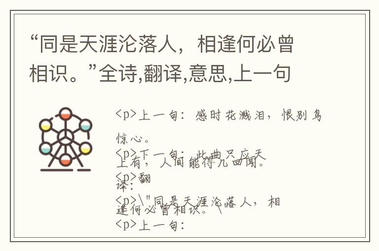  “同是天涯沦落人，相逢何必曾相识。”全诗,翻译,意思,上一句和下一句 - 白居易的诗句