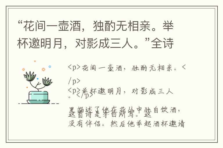  “花间一壶酒，独酌无相亲。举杯邀明月，对影成三人。”全诗,翻译,意思,上一句和下一句 - 李白的诗句